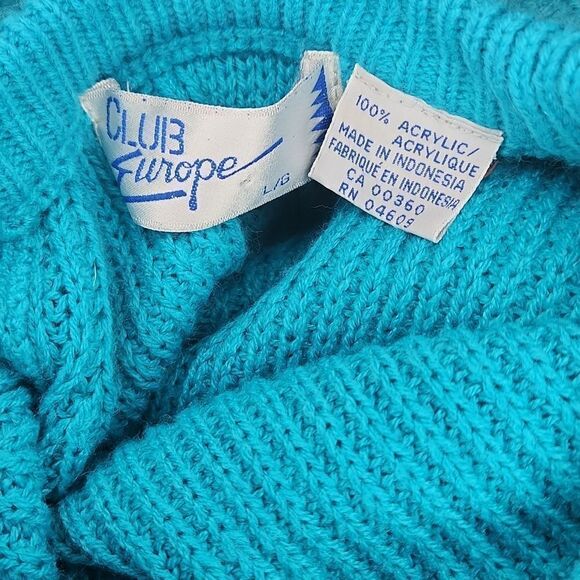 80s Oversize Acrylic Knit Teal Sweater Crew Neck Sz Large Vintage Cozy Long - Picture 3 of 4